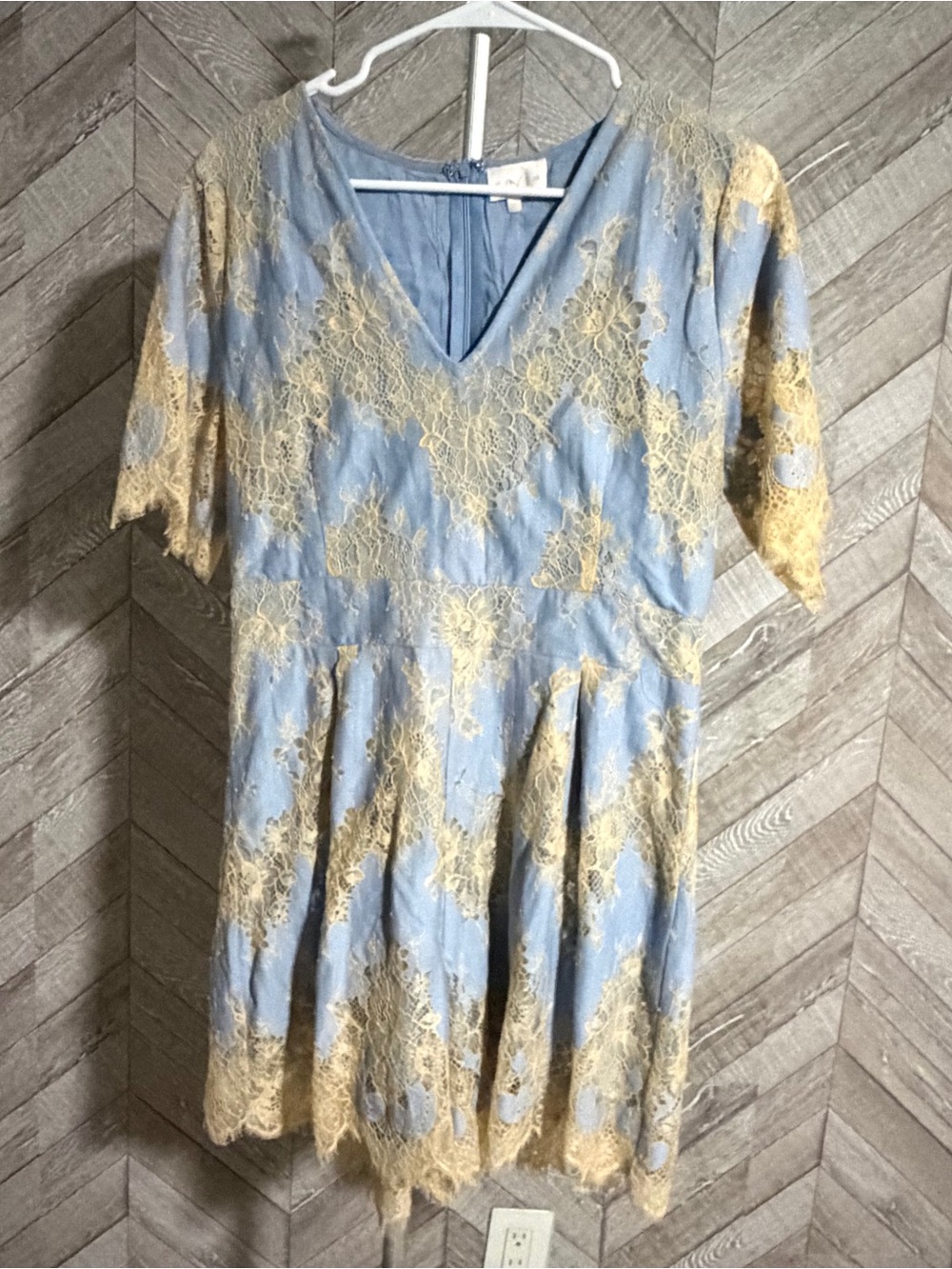 Light Blue & Gold Lace V-Neck Fit-and-Flare Romper